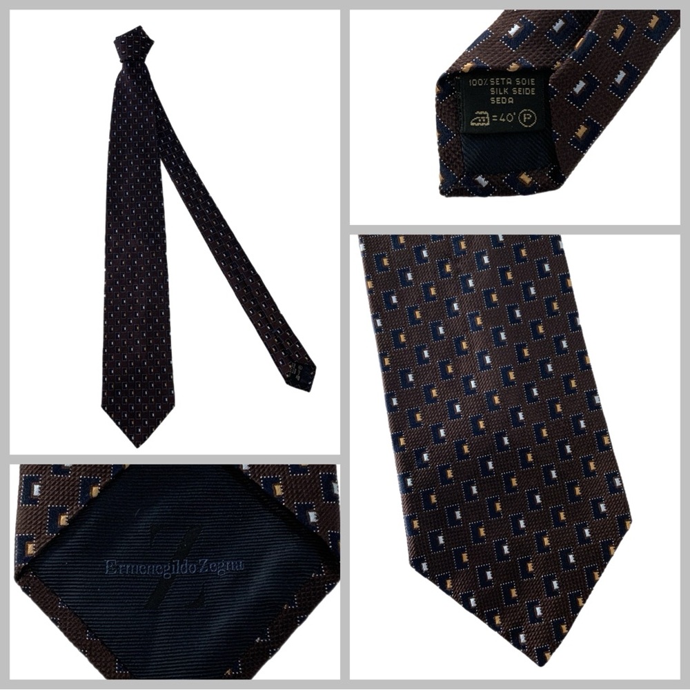 Ermenegildo Zenga Tie Brown Blue Gold Check Silk Made In Italy YGI W5-1